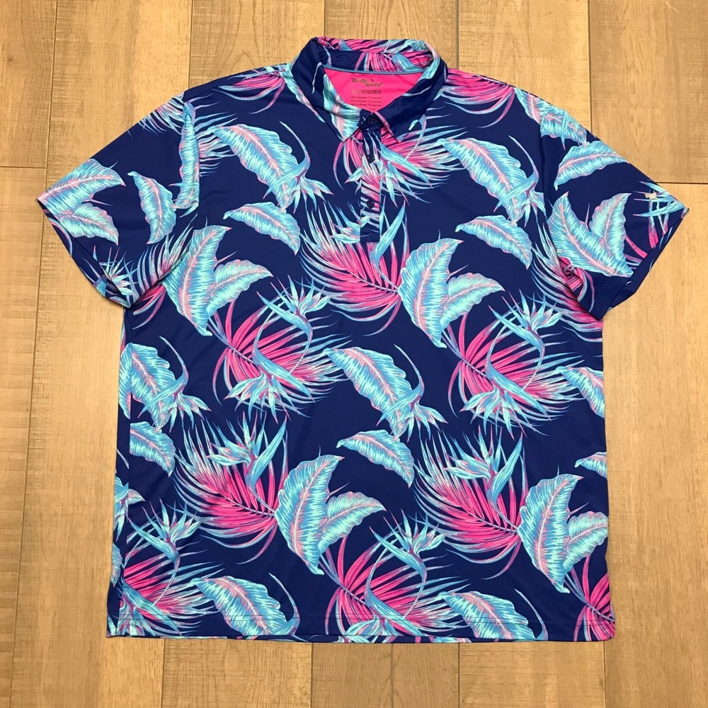 Birdie Bound Polo Shirt Mens 2XL Blue Palm Leaf Golf Short Sleeve Performance